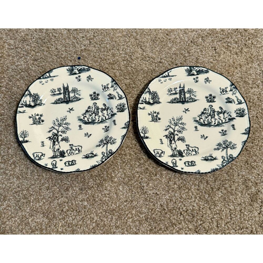 Set Of 2 Vintage Toile Black Salad Plates - Scalloped 8” - Wood & Sons - England